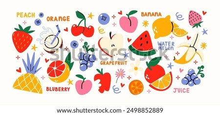 Cartoon stickers fruits and berries. Set of tropical exotic fruits in retro doodle groovy style. Vegetarian healthy food, vitamins.