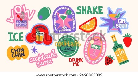 Cartoon cocktails stickers. Set of alcoholic drinks. Retro cans of refreshing drinks with ice for party. cocktail trending doodle stickers, patches, labels in y2k retro groovy style
