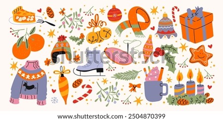 Christmas new year stickers in cartoon style. Holiday gifts, santa, christmas tree, coziness. Holiday seasonal vector illustrations in retro groovy style