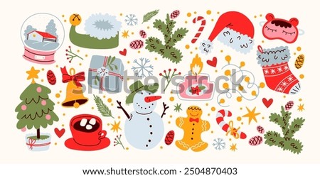 Christmas new year stickers in cartoon style. Holiday gifts, santa, christmas tree, coziness. Holiday seasonal vector illustrations in retro groovy style