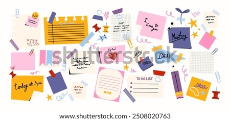 Set of cartoon papers notes, office forms. Sticky stickers reminders, notebook clippings, to-do list, to-do list, school stationery, planner, reminders on paper. Vector set of patches in retro doodle 