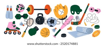 Sports stickers in cartoon style 90s. Sports equipment training and motivation gym. Set of fitness trainers shapes healthy lifestyle