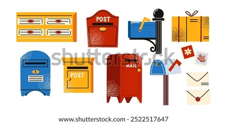 Retro mailbox set. Cartoon doodle mailboxes for sending and receiving letters. Envelope delivery service. Vector set of hand drawn stickers