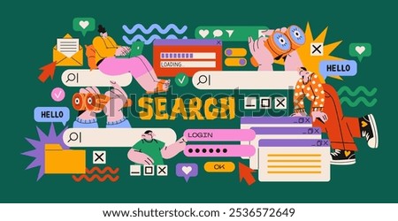 Cartoon characters with internet search bar and digital icons in memphis style. Surfing the Internet, website, online company. Search panel in the browser. Vector illustration