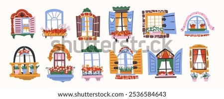 Set of cartoon style window frames. Different shapes of windows with shutters, curtains, window sills, balcony. Bright stickers, architectural design of the house facade. Plastic wooden windows 