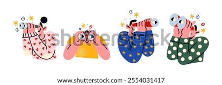 People characters with binoculars in hands. Cartoon mascots watch, observe, search for information and work. Tourist, reconnaissance with binoculars. Vector illustrations