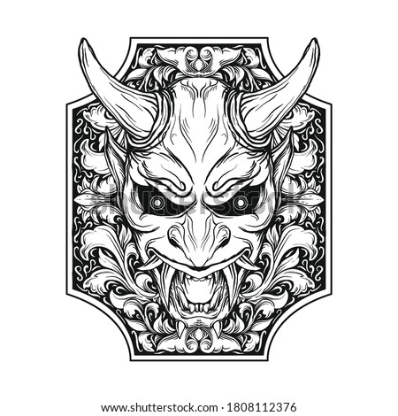 tattoo and t-shirt design black and white hand drawn oni mask in frame engraving ornament premium vector