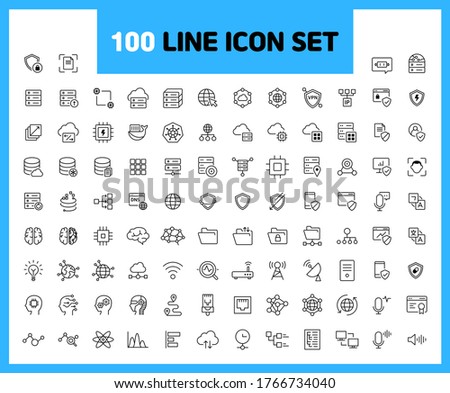 Network and AI linear icons. Machine, Brain, Neuron, Big Data, Connecting. Set of Connecting network symbols drawn with thin contour lines. Vector illustration.
