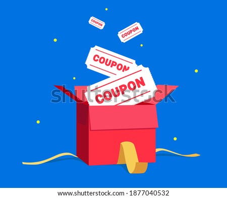 a gift box full of coupons illustration set. red box, open, ribbon, present, gift. Vector drawing. Hand drawn style.
