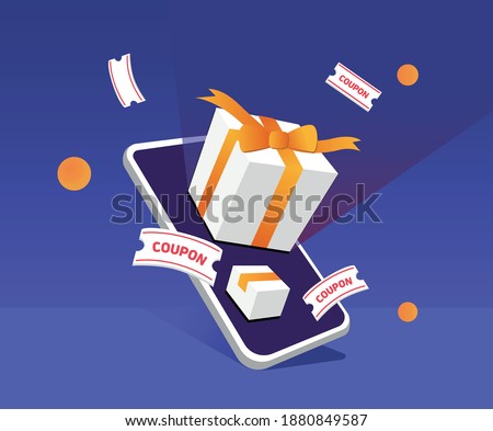 to issue gifts and coupons to consumers via mobile illustration set. phone, box, app, fortune. Vector drawing. Hand drawn style.