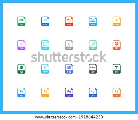 Extension Name linear icons and color icons. sheet, document, name, file. Set of multimedia symbols drawn with thin contour lines. Vector illustration.