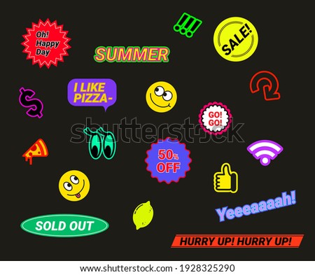 A collection of cute and retro stickers to decorate the diary beautifully illustration set. smile, sale, reset, dollar, pizza. Vector drawing. Hand drawn style.