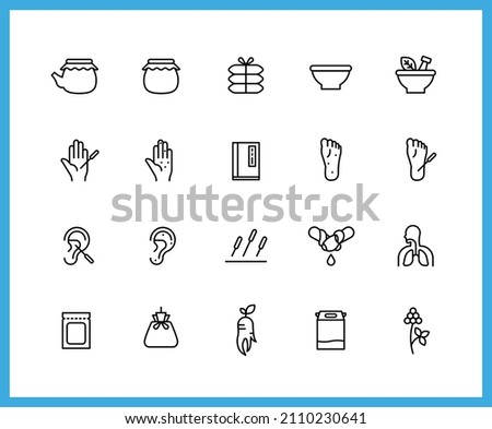 Collection of oriental medicine linear icons. medicinal herbs, saliva, spa Set of Herbal medicine, herbal medicine symbols drawn with thin contour lines.