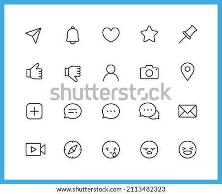 SNS linear icons. Set of social, heart, emotion, business symbols drawn with thin contour lines. Vector illustration.