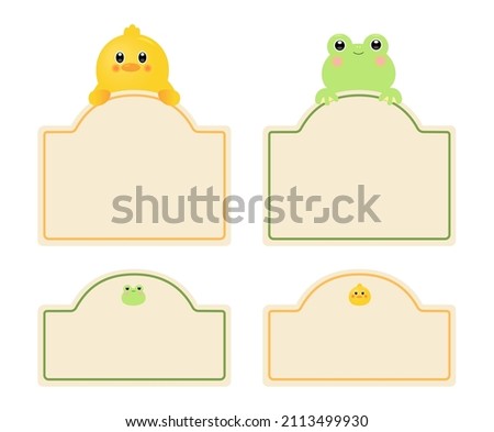 A kindergarten name tag with pictures of chicks and frogs illustration set. memo, frog icon, sticker, chick icon, tag. Vector drawing. Hand drawn style. Stockfoto © 