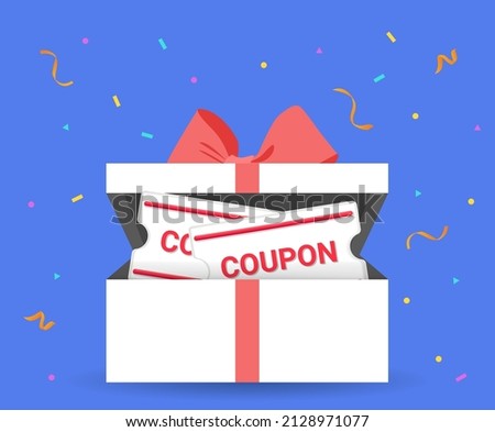 Coupon gift boxes full of discounts and benefits were produced and delivered for VIP customers illustration set. ribbon, pollen, paper, luck. Vector drawing. Hand drawn style.
