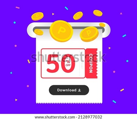 The coupon event that comes out as a receipt illustration set. Coin, Receipt, paper, discount, firecracker. Vector drawing. Hand drawn style.