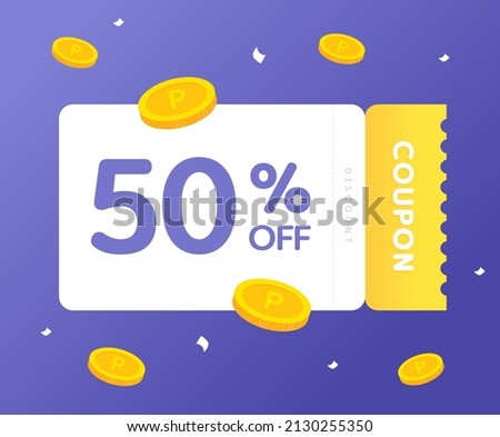 A collection of golden yellow coupons that offer 50% off discount at a shopping mall illustration set. gold, voucher, gift, point, payback. Vector drawing. Hand drawn style.