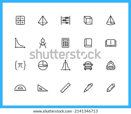 Collection of math linear icons. Set of Pi, Graph symbols drawn with thin contour lines. Vector illustration.