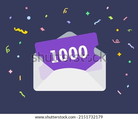 letter of thanks and a 1,000point discount coupon illustration set. present, card, pay, shop. Vector drawing. Hand drawn style.