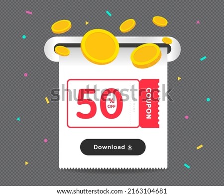 The coupon event that comes out as a receipt illustration set. Coin, Receipt, paper, discount, firecracker. Vector drawing. Hand drawn style.