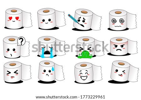 Cute toilet emoji set. Happy smiling toilet paper character. Vector flat cartoon illustration
