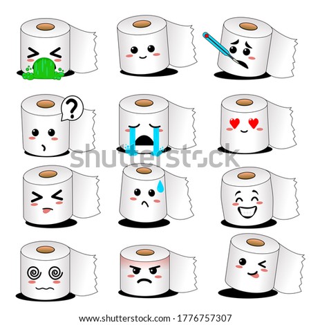 Paper emoji set. Happy smiling toilet paper character. Vector flat cartoon illustration