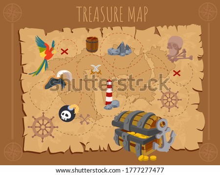 Old pirate map on ancient paper. Map on parchment. Pirate adventures with treasure island. Vector illustration