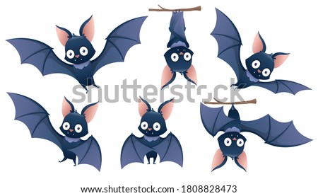 Collection of cartoon Halloween bat hanging upside down on a branch. Design for Halloween; Halloween mood. Woodland in the background with moon. Vector illustration