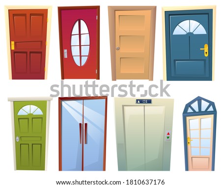 A set of many cartoon different doors. Many bright modern front doors and elevators. Wooden and architectural doorway, entrance and facade frame, exit and entrance. Vector illustration
