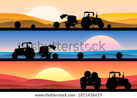 Collage of a field with wheat at different times of the day. A tractor is driving, weaving and collecting bales. Agricultural concept. Vector illustration