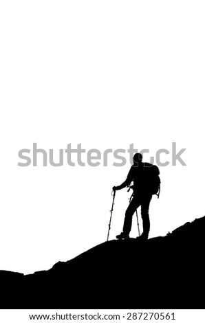 Silhouette on white background of a man on a mountain trekking, adventure sports and forwarding