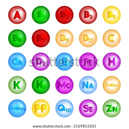 Multivitamin, Vitamin and minerals Vector icon collection. Vitamin A, B1, B2, B3, B5, B6, B7, B9, B12, C, Ca, D3, E, Fe, H, K, K1, Mg, Na, Omega3, Omega6, PP, Q10, Se, Zn icons set. Stock foto © 