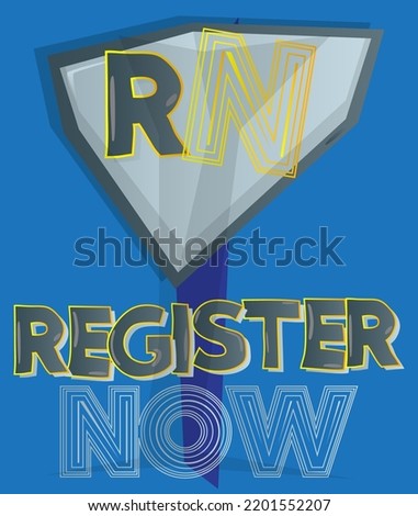 Register Now icon. Superhero coat of arms. Colorful comic book style vector illustration.