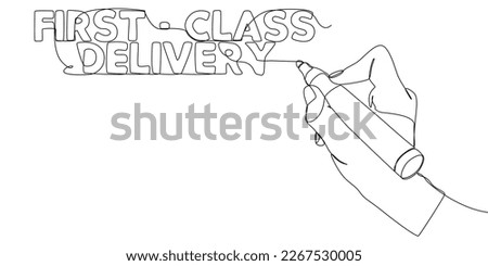 One continuous line of First-Class Delivery text written with a pencil, felt tip pen. Thin Line Illustration vector concept. Contour Drawing Creative ideas.