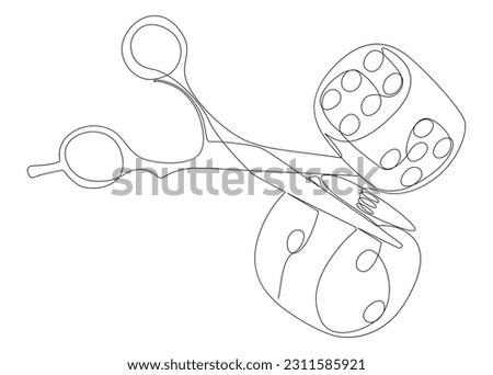 One continuous line of dice and scissor. Thin Line Illustration vector concept. Contour Drawing Creative ideas.