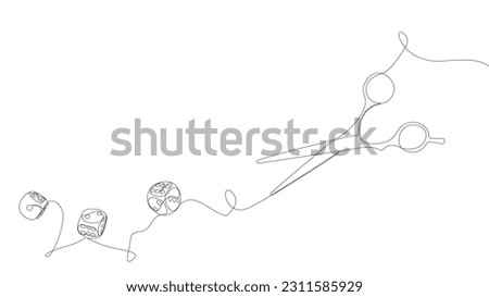 One continuous line of dice and scissor. Thin Line Illustration vector concept. Contour Drawing Creative ideas.