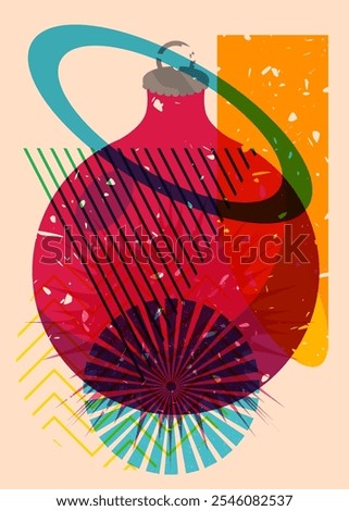 Risograph Christmas decoration ball with geometric shapes. Objects in trendy riso graph print texture style design with geometry elements.