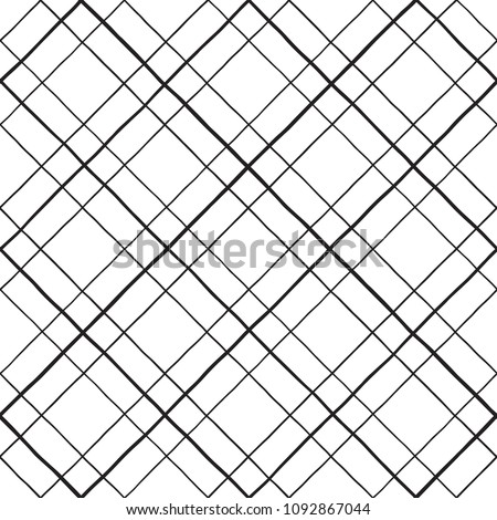 Lattice, trellis, grating made of uneven hand drawn diagonal stripes seamless repeat pattern. Crossing doodle streaks, bars geometrical background. Square grid, mesh texture with rhombus shapes, cells