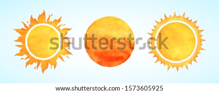 Watercolor vector sun shapes. Rising sun, sunset, dawn illustrations set. Fire colors round shape, watercolour stains. Orange red yellow circle, flaming crown frame. Maslenitsa, Shrovetide background.