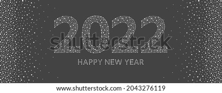 Happy New Year 2022 greeting card. Big numbers, letters, characters made of hand drawn uneven dots, spots, dot snowflakes, beads, blobs. Snow typographic composition, dotted winter borders.