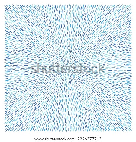 Abstract radial blue background, chaotic pattern made of hand drawn doodle specks, flecks, tiny strokes, water drops, stripes. Speckled, mosaic colorful square shape. Watery border, frame template.