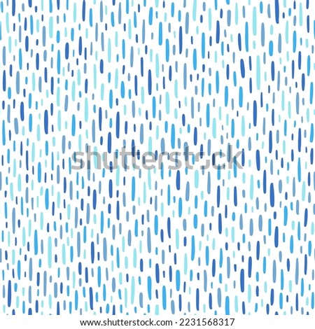 Specks, flecks, dashes, tiny stripes seamless vector pattern. Hand drawn doodle uneven strokes, water drops, rain texture. Speckled, mosaic abstract chaotic blue background. Border, frame template.