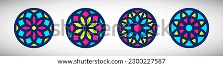 Stained glass simple illustrations collection. Circle shape, stylize flat rose window vector ornament. Round frames set, radial floral motive design elements. Colorful tiny mosaic decorations.