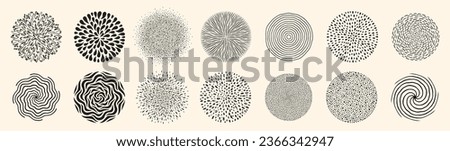 Round shapes, graphic elements big collection, set. Frame templates, text backgrounds made of uneven dots, hand drawn stripes, splashes, water drops, concentric circles, squiggles, blobs, wavy lines.