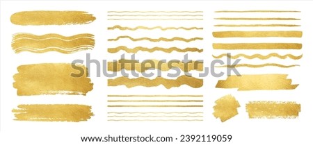 Golden foil artistic vector brush strokes, brushstroke shapes, smears, stripes, rough lines set. Hand drawn textured text backgrounds collection, gold painted graphic elements. Frame, banner templates