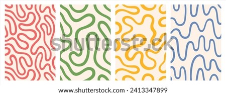 Twisted lines, fluid, curved, wiggling stripes, waves vector backgrounds set. Liquid, funky chaotic ornaments, groovy hippie patterns collection. Doodle, uneven hand drawn wavy, organic winding lines