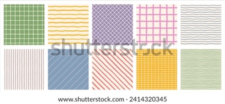 Hand drawn geometric seamless regular patterns set, collection. Doodle, uneven artistic lines, straight and diagonal pinstripes, stripes, bars, streaks, waves. Check, plaid, striped square backgrounds