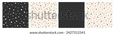 Chaotic dots, spots vector seamless patterns set. Digital and hand drawn uneven blobs, ink specks, flecks, round paint drops. Artistic dotted backgrounds collection. Snow, starry night templates.