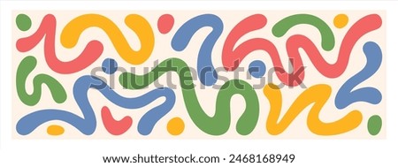 Groovy hippie 60s abstract illustration. Fluid organic shape colorful blobs, squiggles, wavy doodle stripes inscribed in a rectangle banner. Bold hand drawn lines, spots. Text background, header.